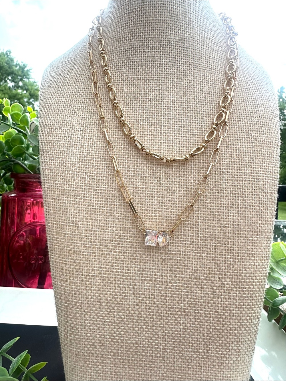 Gold Double-Layer Chain Necklace with Crystal Pendant